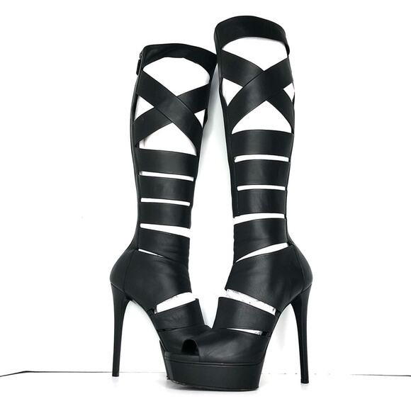 Gucci Helena Babylon Cutout Knee High Black Leather Platform Boots 37.5 - Picture 2 of 8